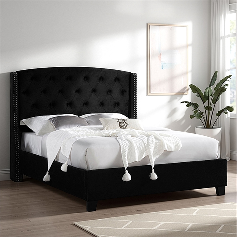 Benjara Elle King Size Bed- Low Profile- Button Tufted Headboard- Black