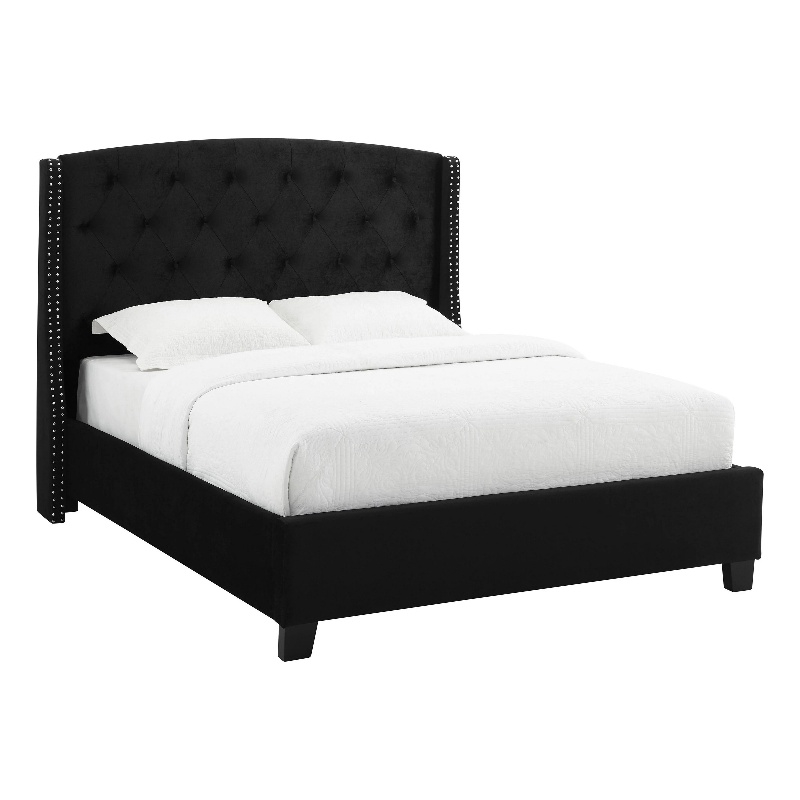 Benjara Elle King Size Bed- Low Profile- Button Tufted Headboard- Black