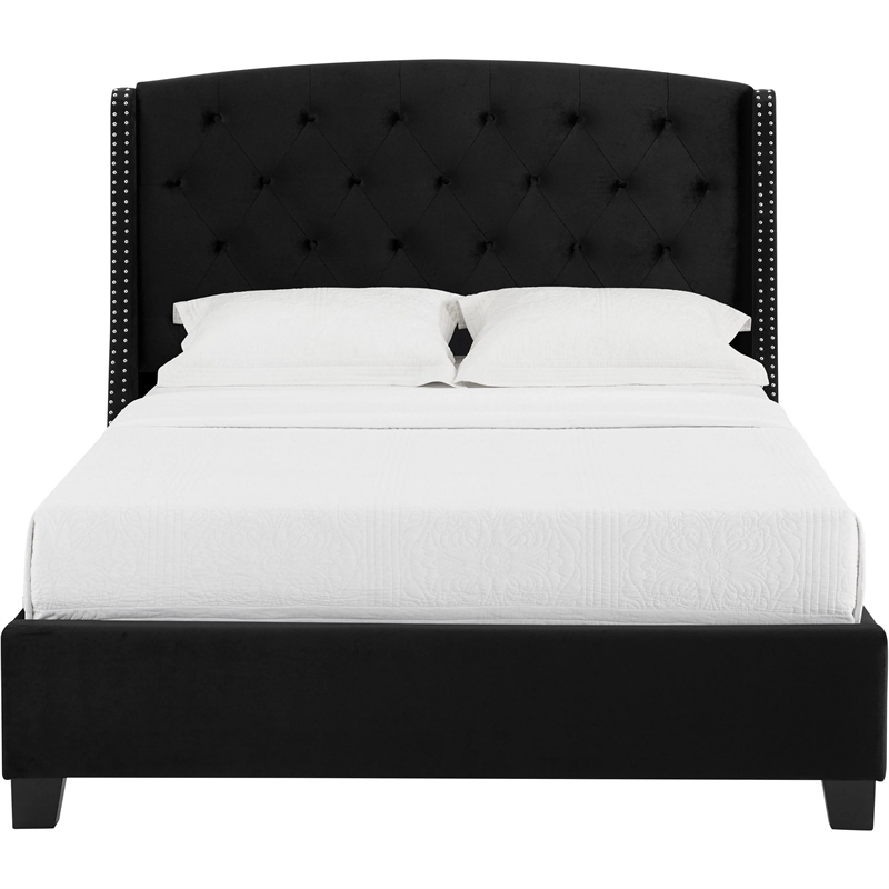 Benjara Elle King Size Bed- Low Profile- Button Tufted Headboard- Black
