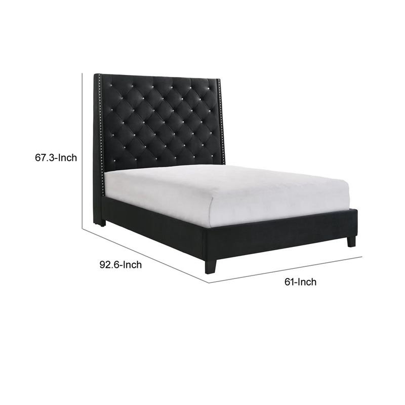 Benjara Toer Queen Size Bed- Tall Wingback Headboard- Black Velvet Upholstery