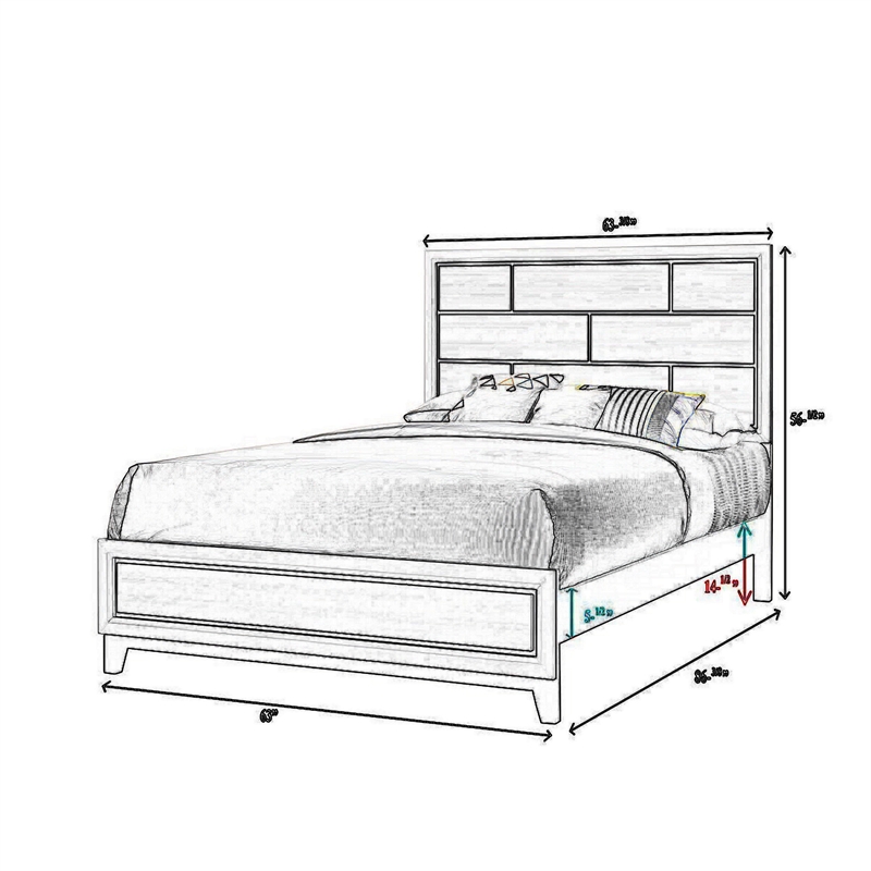 Benjara Asir Queen Size Bed- Geometric Panel Headboard- Modern White Wood Finish