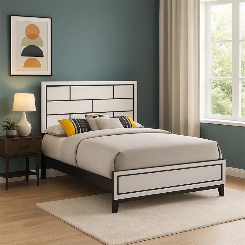 Benjara Asir Queen Size Bed- Geometric Panel Headboard- Modern White Wood Finish