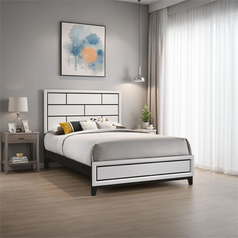 Benjara Asir Twin Size Bed- Geometric Panel Headboard- Modern White Wood Finish