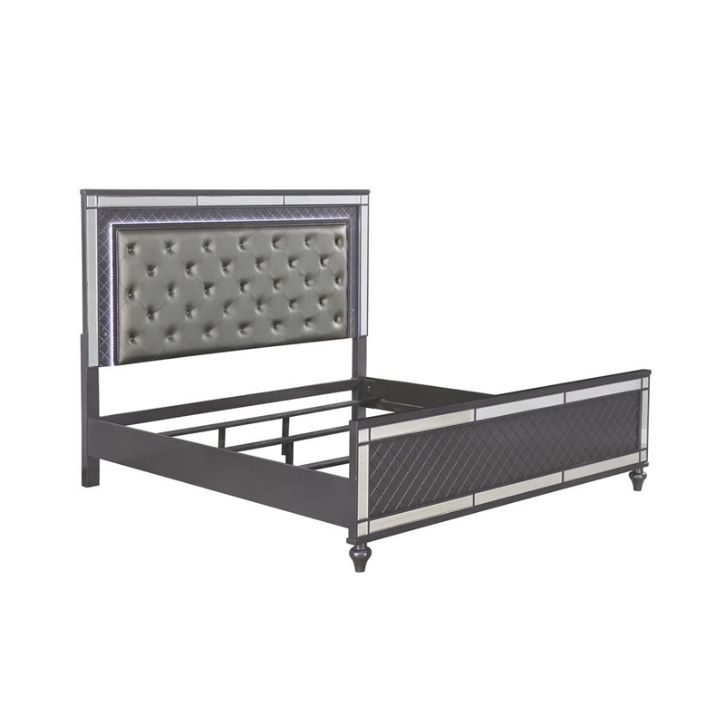 Benjara Reff King Size Bed- Button Tufted Gray Fabric - Modern Wood Panel