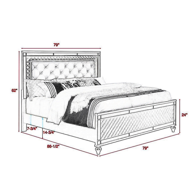 Benjara Reff King Size Bed- Button Tufted Gray Fabric - Modern Wood Panel