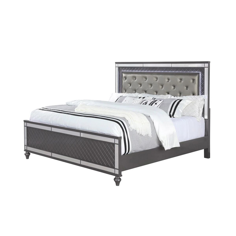 Benjara Reff King Size Bed- Button Tufted Gray Fabric - Modern Wood Panel