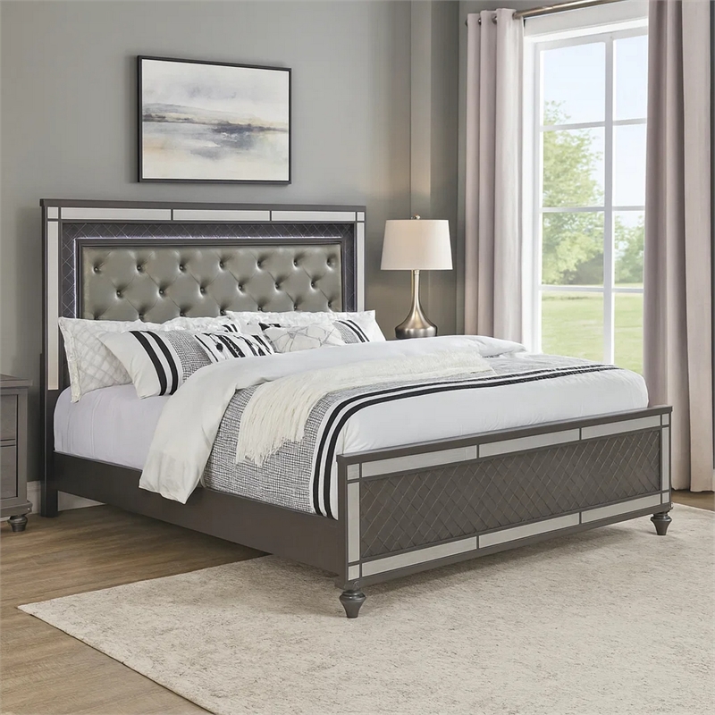 Benjara Reff King Size Bed- Button Tufted Gray Fabric - Modern Wood Panel