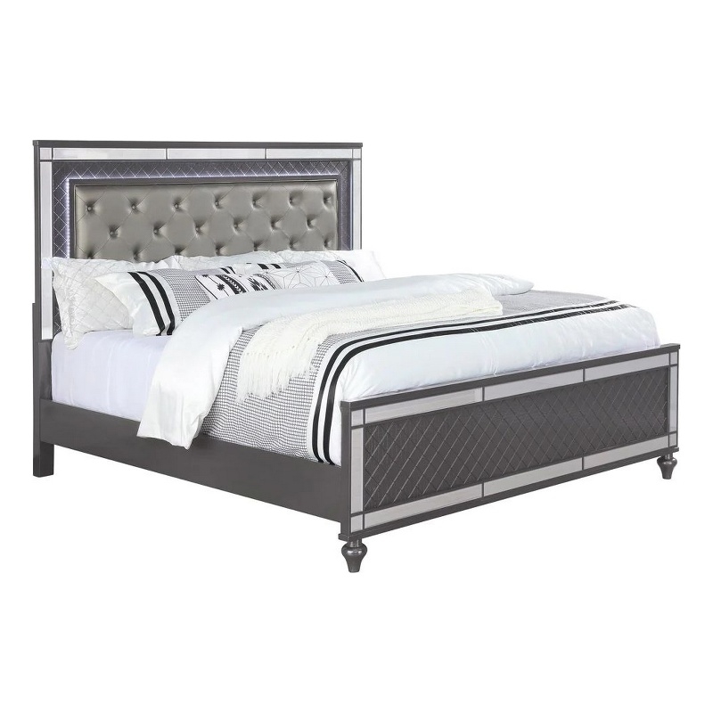 Benjara Reff King Size Bed- Button Tufted Gray Fabric - Modern Wood Panel