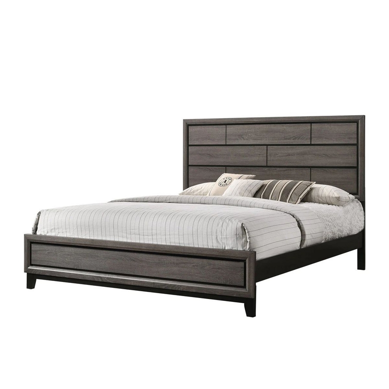 Benjara Asir King Size Bed- Geometric Panel Headboard- Modern Gray Wood Finish