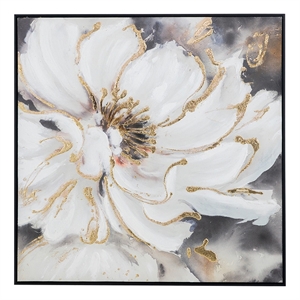 Benjara 36 x 36&quot Framed Wall Art- Floral Oil Painting On Canvas- White Gold