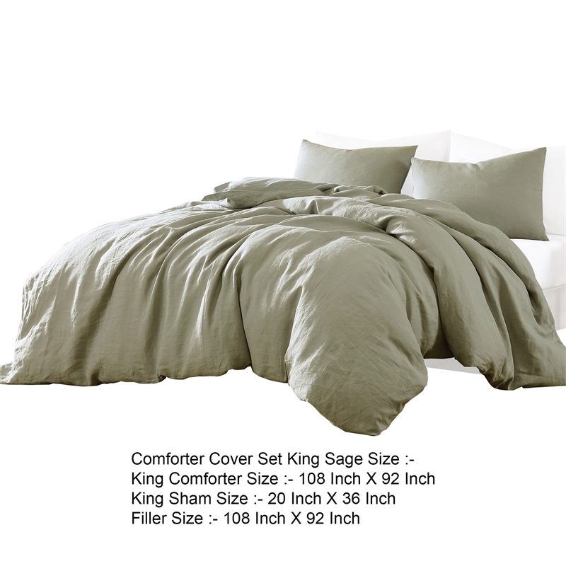 Benjara Edge 4 Piece King Size Duvet Comforter Set- Washed Linen- Sage Green