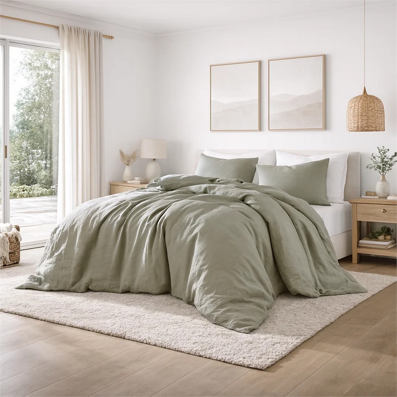Benjara Edge 4 Piece King Size Duvet Comforter Set- Washed Linen- Sage Green
