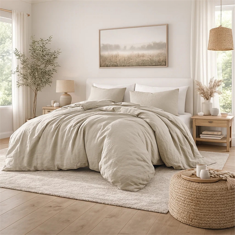 Benjara Edge 4 Piece King Size Duvet Comforter Set- Washed Linen- Oatmeal Beige