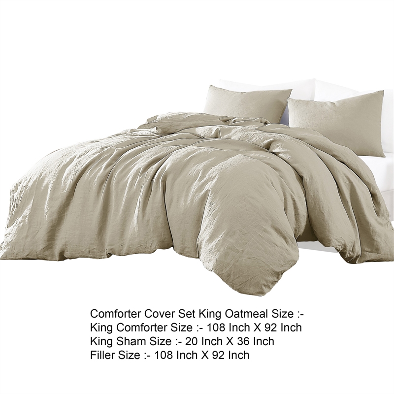Benjara Edge 4 Piece King Size Duvet Comforter Set- Washed Linen- Oatmeal Beige