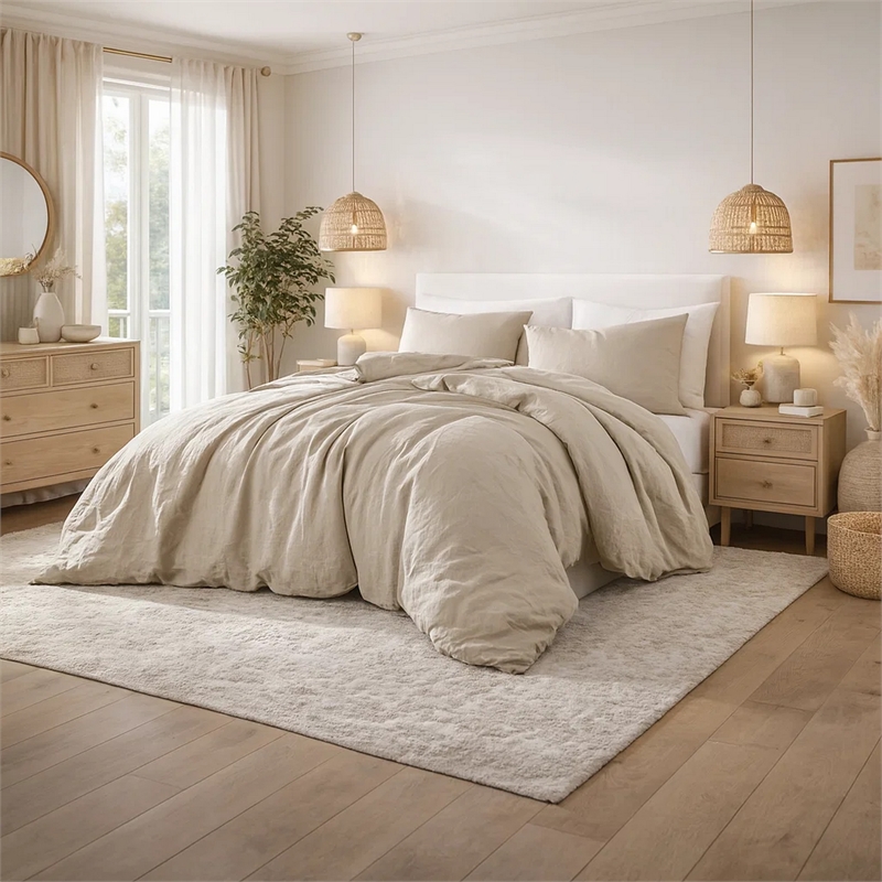 Benjara Edge 4 Piece King Size Duvet Comforter Set- Washed Linen- Oatmeal Beige