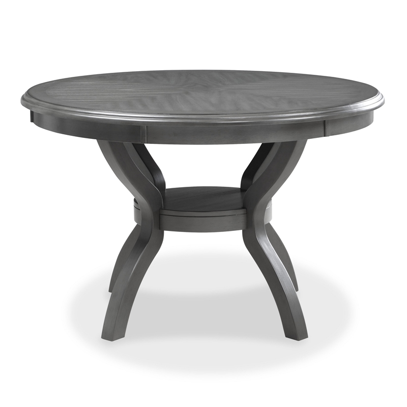 Benjara Ceri 5 Piece Round Dining Table and Chair Set- Gray Wood- White Fabric