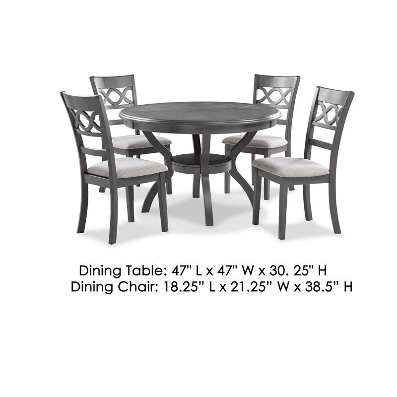 Benjara Ceri 5 Piece Round Dining Table and Chair Set- Gray Wood- White Fabric