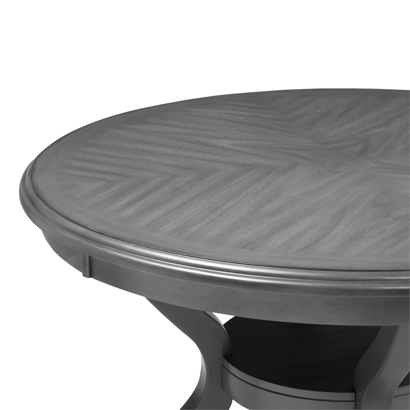 Benjara Ceri 5 Piece Round Dining Table and Chair Set- Gray Wood- White Fabric