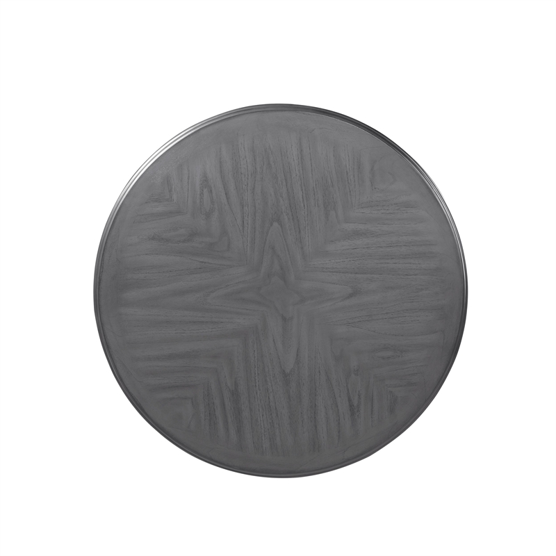 Benjara Ceri 5 Piece Round Dining Table and Chair Set- Gray Wood- White Fabric