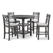Benjara Ceri 5pc Round Counter Dining Table & Chair Set- Gray Wood- White Fabric