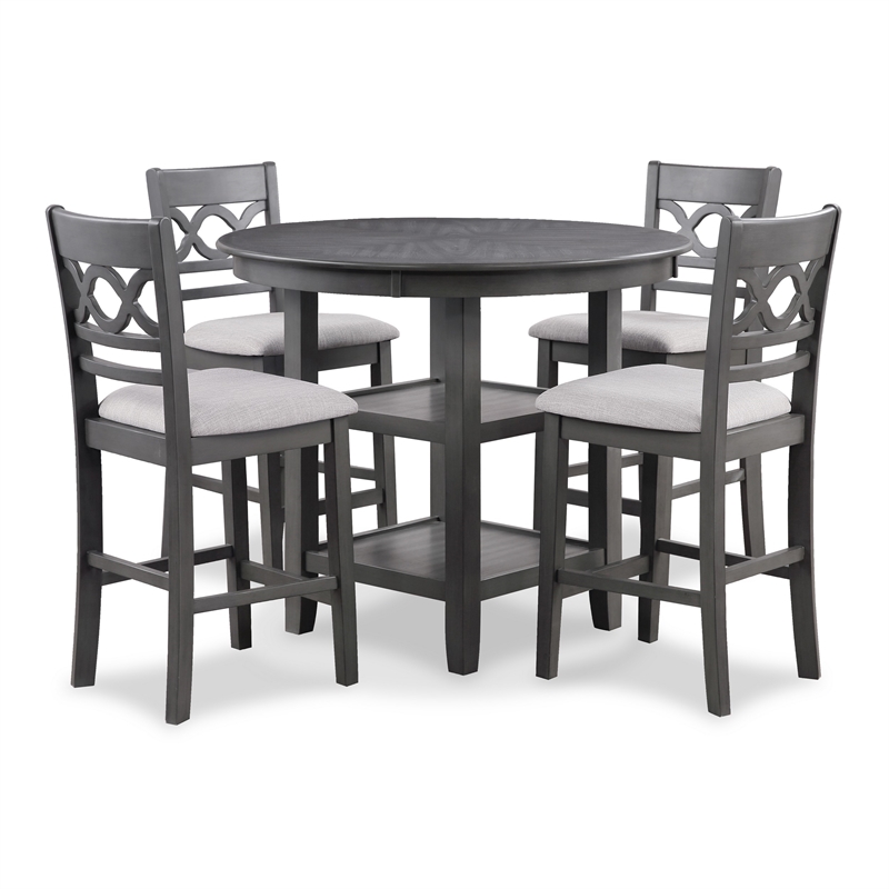 Benjara Ceri 5pc Round Counter Dining Table & Chair Set- Gray Wood- White Fabric