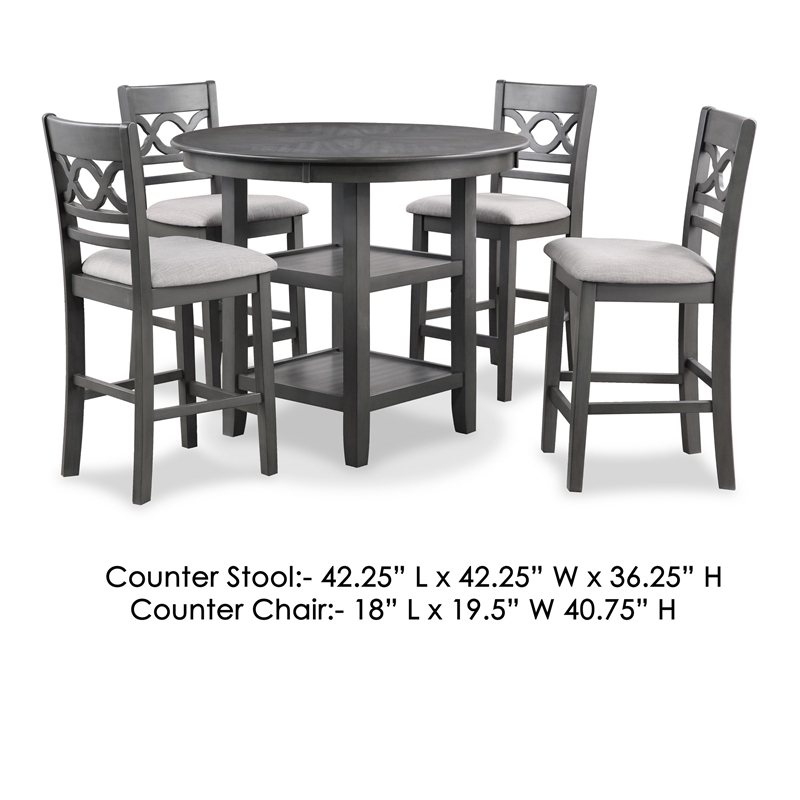 Benjara Ceri 5pc Round Counter Dining Table & Chair Set- Gray Wood- White Fabric