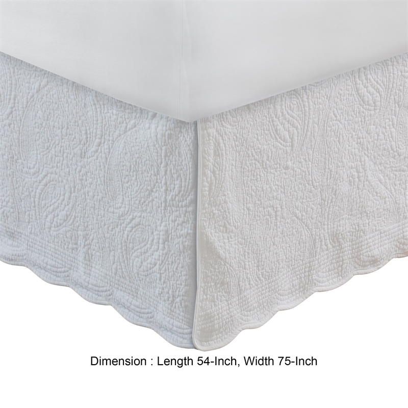Benjara Muka Paisley Quilted Full Bed Skirt & Cotton Drop - White
