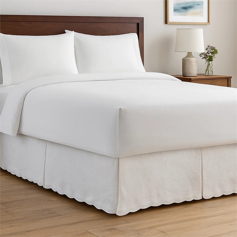 Benjara Muka Paisley Quilted Full Bed Skirt & Cotton Drop - White