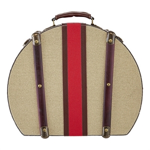 Benjara Ika 16&quot Semi Round Hatbox- Faux Leather Handle- Cream Canvas Upholstery
