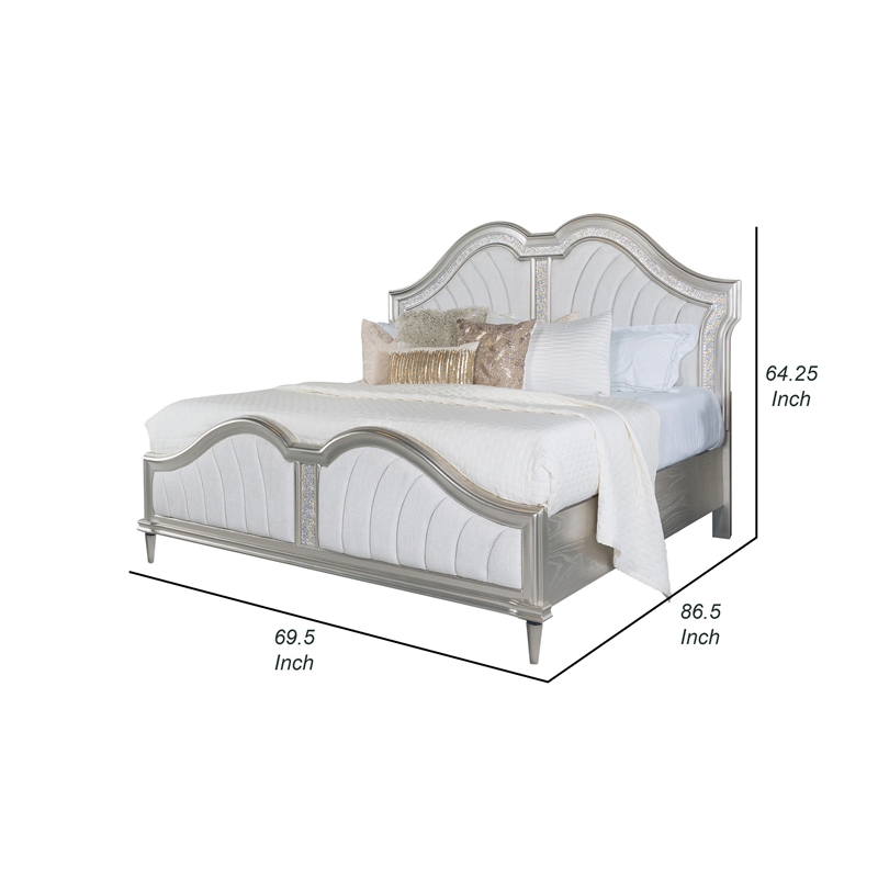 Benjara Nive Queen Bed- Oak Wood- Double Arched Headboard- Ivory Silver