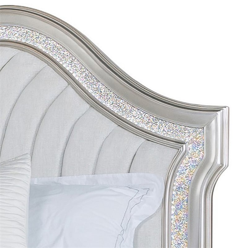Benjara Nive Queen Bed- Oak Wood- Double Arched Headboard- Ivory Silver