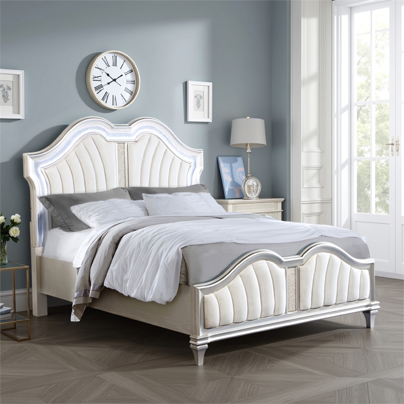 Benjara Nive King Bed-Oak Wood-Double Arched Upholstered Headboard-Ivory Silver