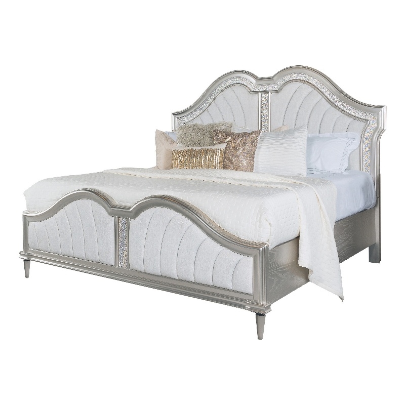 Benjara Nive King Bed-Oak Wood-Double Arched Upholstered Headboard-Ivory Silver