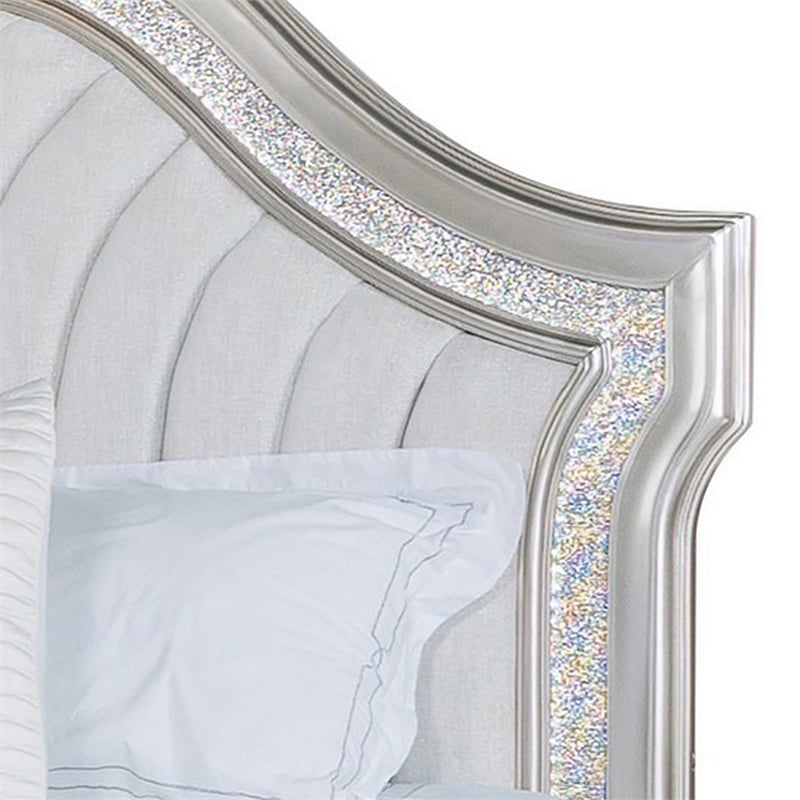 Benjara Nive King Bed-Oak Wood-Double Arched Upholstered Headboard-Ivory Silver