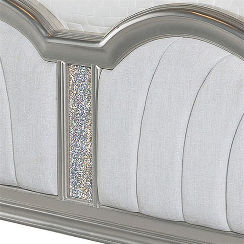 Benjara Nive King Bed-Oak Wood-Double Arched Upholstered Headboard-Ivory Silver