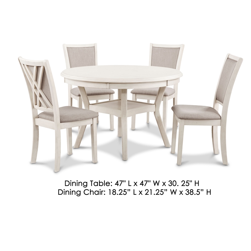 Benjara Aine 5 Piece Round Dining Table and Chair Set- White Wood- Fabric Seat
