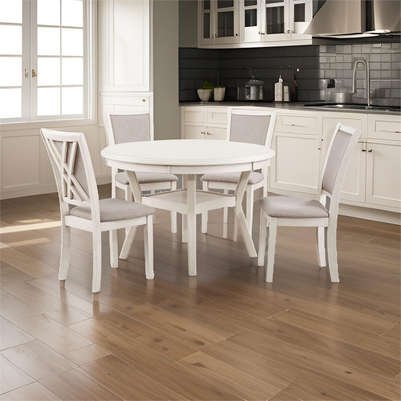 Benjara Aine 5 Piece Round Dining Table and Chair Set- White Wood- Fabric Seat