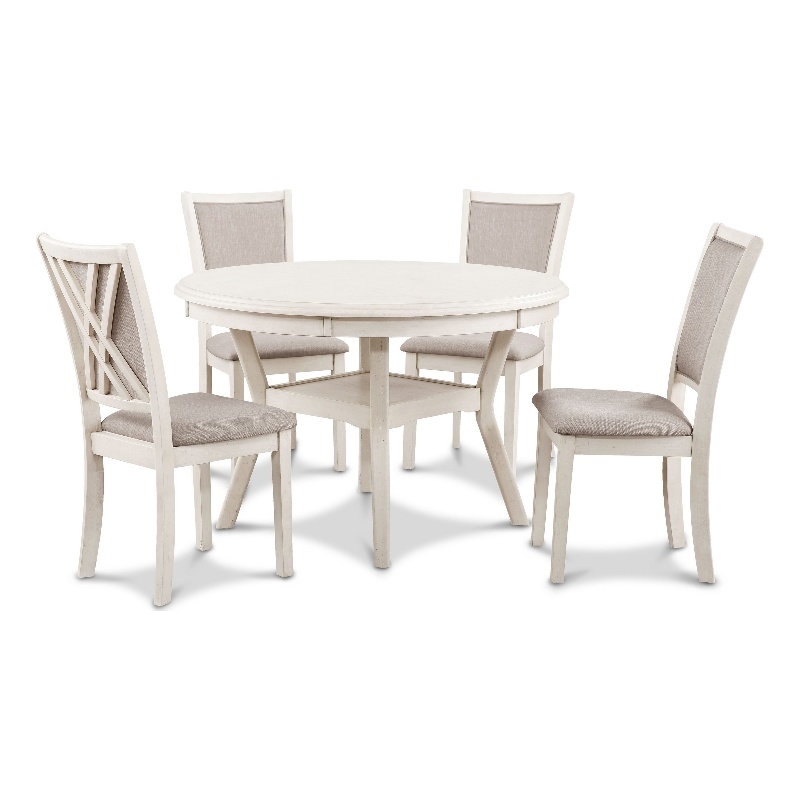 Benjara Aine 5 Piece Round Dining Table and Chair Set- White Wood- Fabric Seat