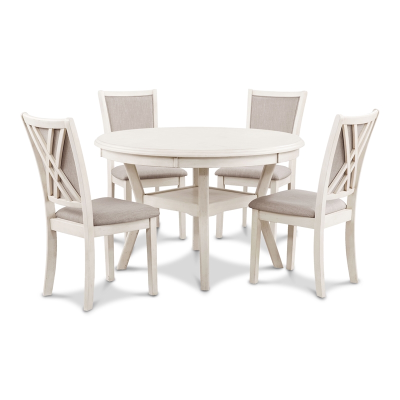 Benjara Aine 5 Piece Round Dining Table and Chair Set- White Wood- Fabric Seat