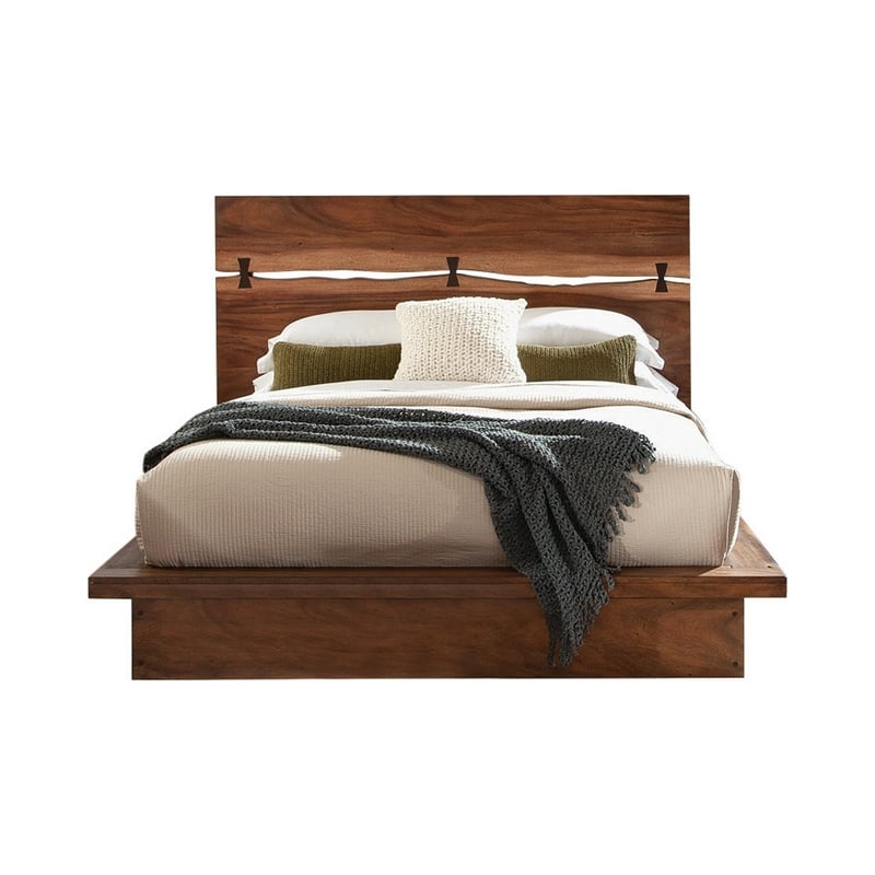 Benjara Zeko King Size Platform Plinth Bed with Natural Edge- Walnut Brown Wood