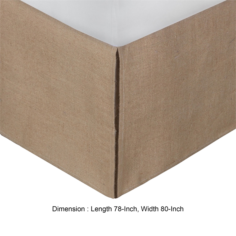 Benjara Kuma King Bed Skirt-Spilt Corners-Burlap Drop-Polyester Platform-Brown