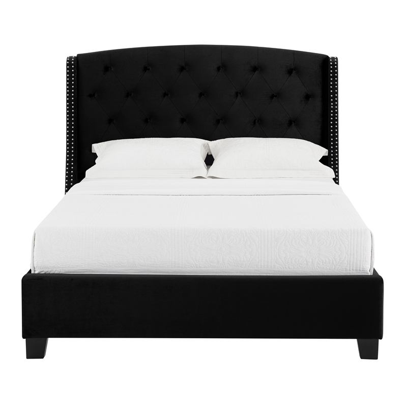Benjara James King Size Bed- Platform Style- Button Tufted Black Velvet