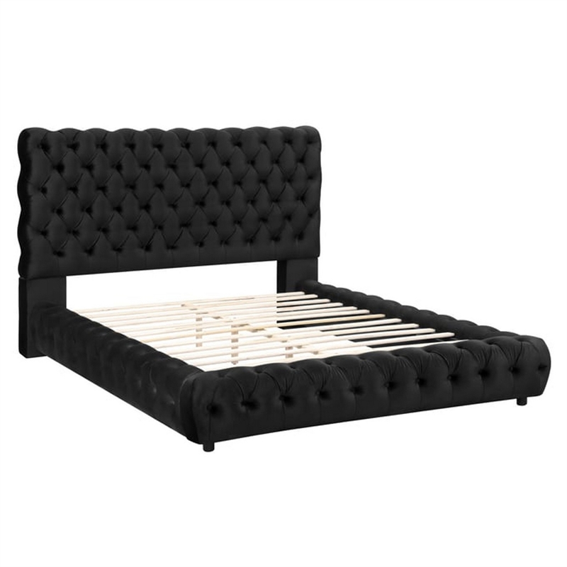 Benjara James Queen Size Bed- Platform Style- Button Tufted Black Velvet