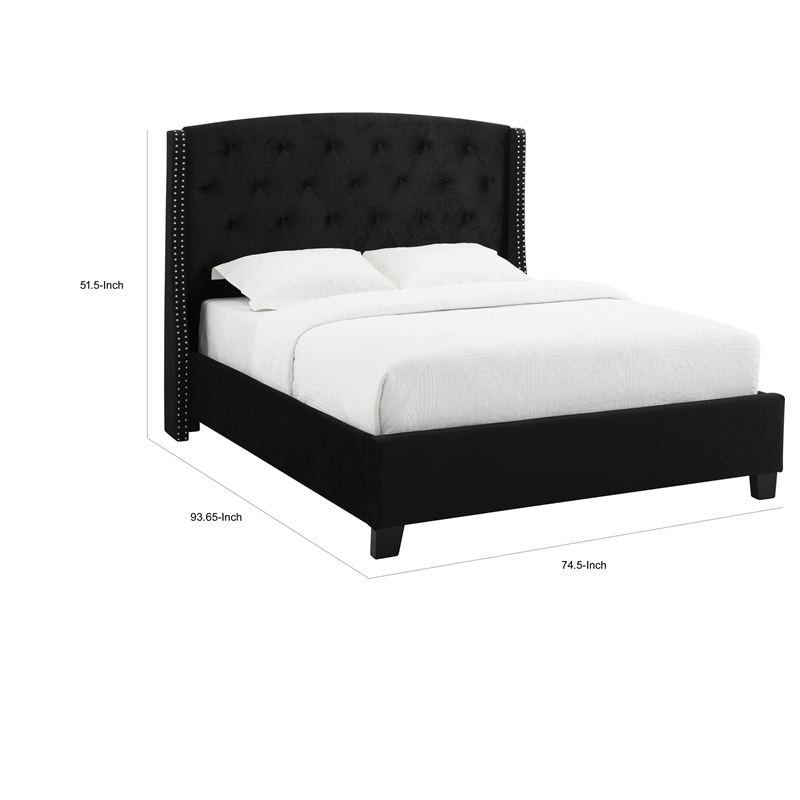 Benjara James Queen Size Bed- Platform Style- Button Tufted Black Velvet