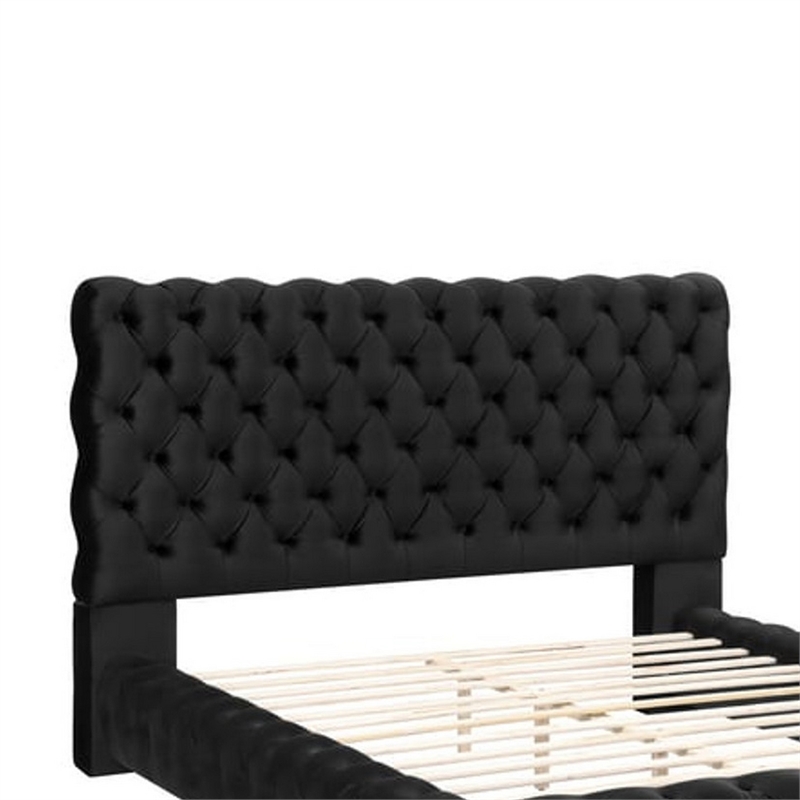 Benjara James Queen Size Bed- Platform Style- Button Tufted Black Velvet