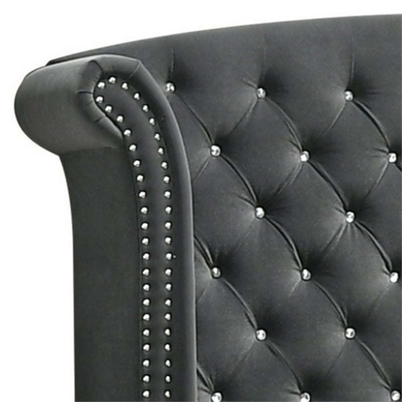Benjara Giya Wingback Queen Bed- Tufted Headboard- Nailed Gray Velvet Upholstery