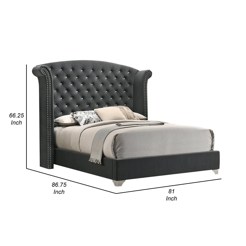 Benjara Giya Wingback Queen Bed- Tufted Headboard- Nailed Gray Velvet Upholstery
