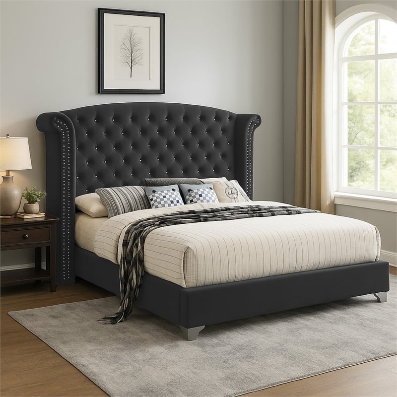 Benjara Giya Wingback Queen Bed- Tufted Headboard- Nailed Gray Velvet Upholstery