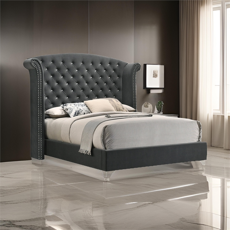 Benjara Giya Wingback King Bed- Tufted Headboard- Nailed Gray Velvet Upholstery
