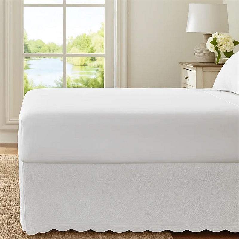 Benjara Muka Paisley Quilted Queen Bed Skirt & Cotton Drop - Ivory